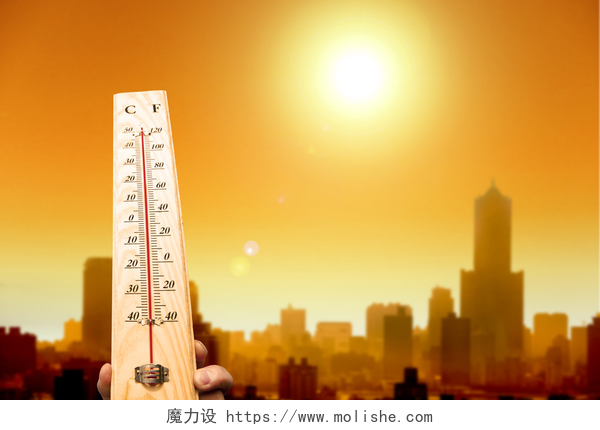 城市背景下测量高温中的城市和高 temp 手显示温度计的热波